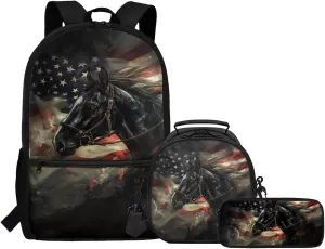 Dolyues American Flag Horse Kids Backpack Set  Reusable 3-Piece School Bundle with Adjustable Straps, Hidden Parent Handle & Front Zipper Pocket, Includes Lunch Bag   Pencil Organizer