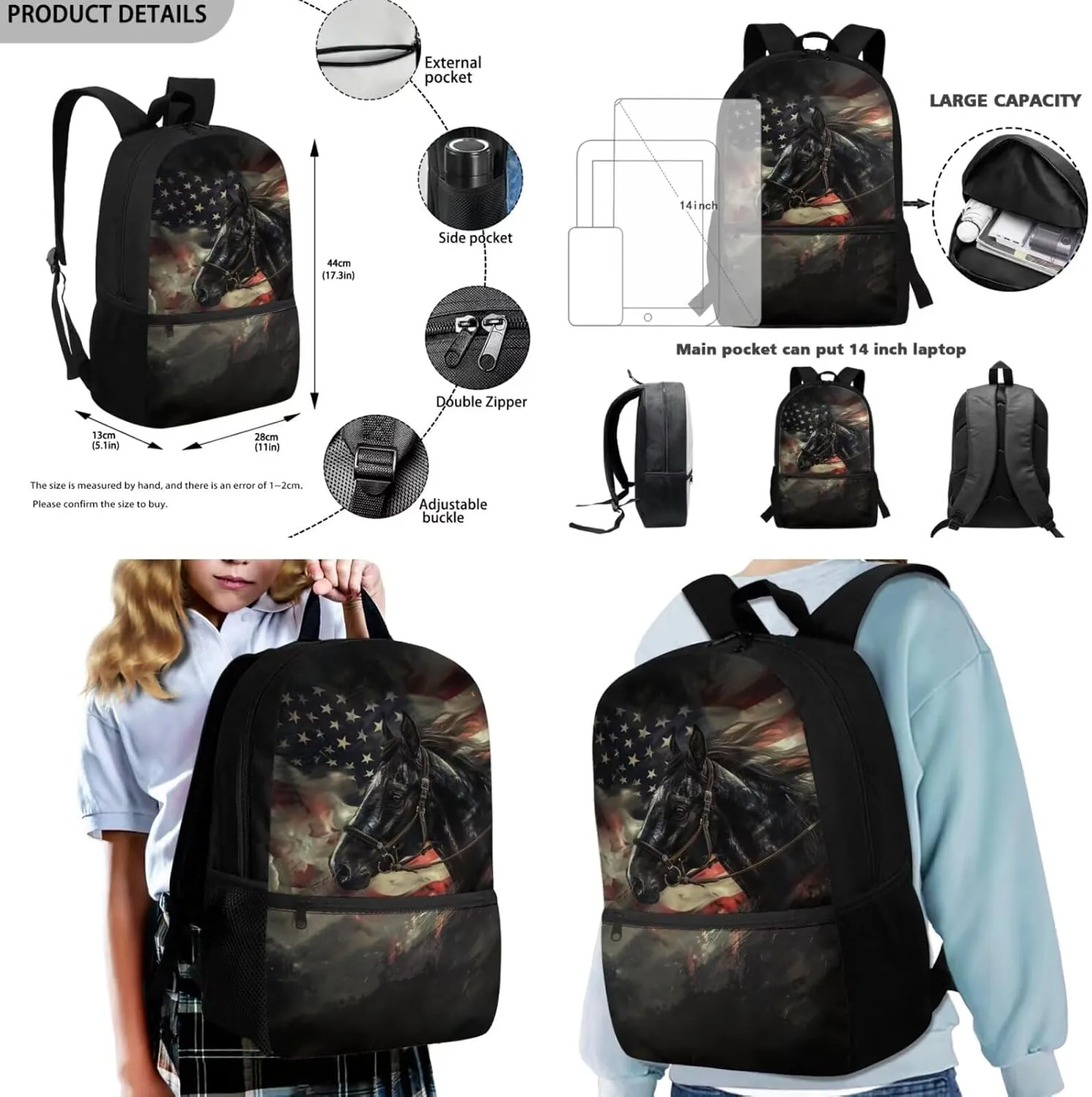 Dolyues American Flag Horse Kids Backpack Set  Reusable 3-Piece School Bundle with Adjustable Straps, Hidden Parent Handle & Front Zipper Pocket, Includes Lunch Bag   Pencil Organizer