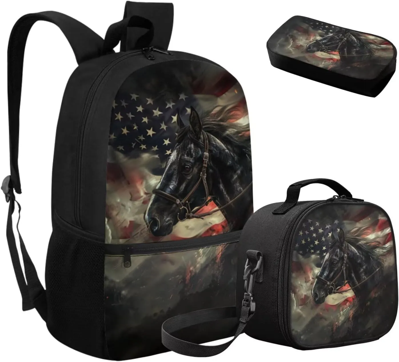 Dolyues American Flag Horse Kids Backpack Set  Reusable 3-Piece School Bundle with Adjustable Straps, Hidden Parent Handle & Front Zipper Pocket, Includes Lunch Bag   Pencil Organizer