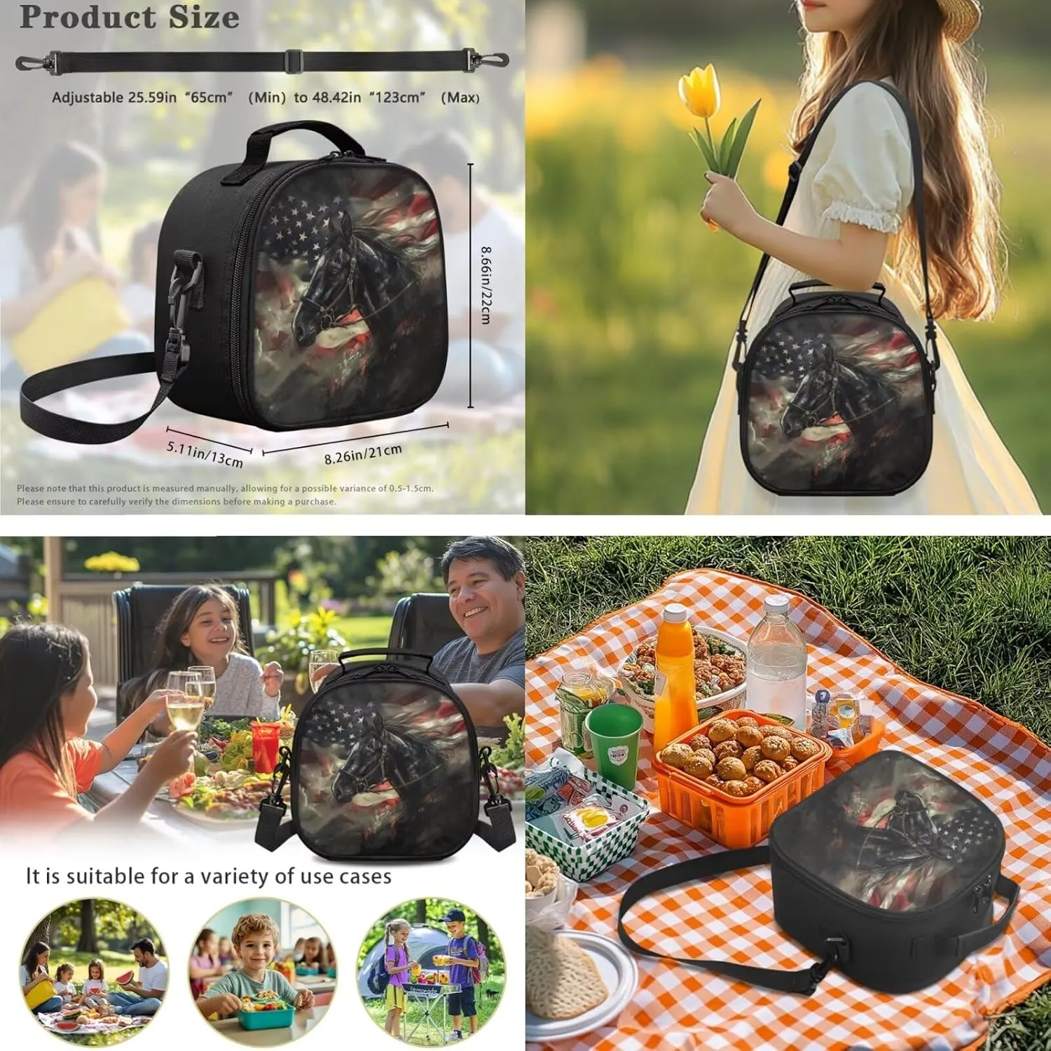 Dolyues American Flag Horse Kids Backpack Set  Reusable 3-Piece School Bundle with Adjustable Straps, Hidden Parent Handle & Front Zipper Pocket, Includes Lunch Bag   Pencil Organizer