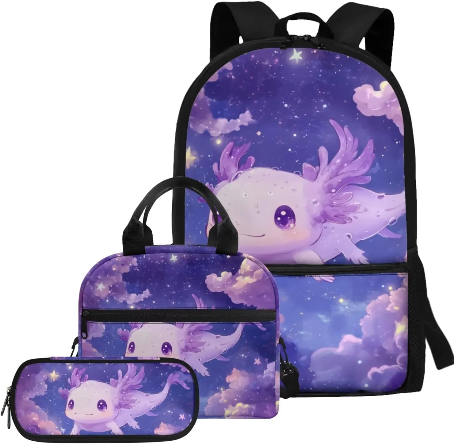 Dolyues Axolotl Axolotl Backpack for Girls 3-Piece Backpack Set School Bag   Insulated Lunch Tote   Zippered Pencil Pouch, Ideal for Back to School