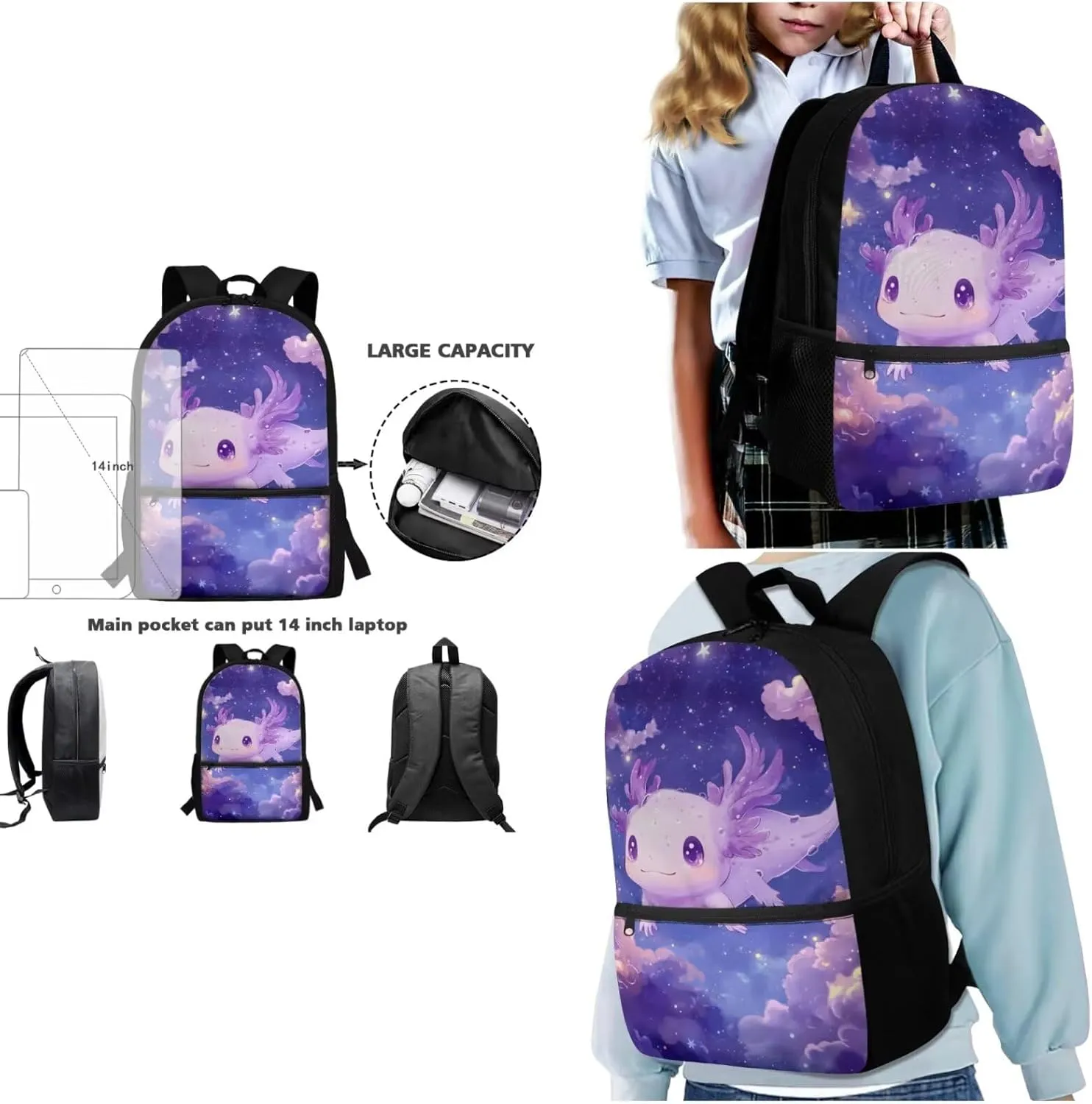 Dolyues Axolotl Axolotl Backpack for Girls 3-Piece Backpack Set School Bag   Insulated Lunch Tote   Zippered Pencil Pouch, Ideal for Back to School