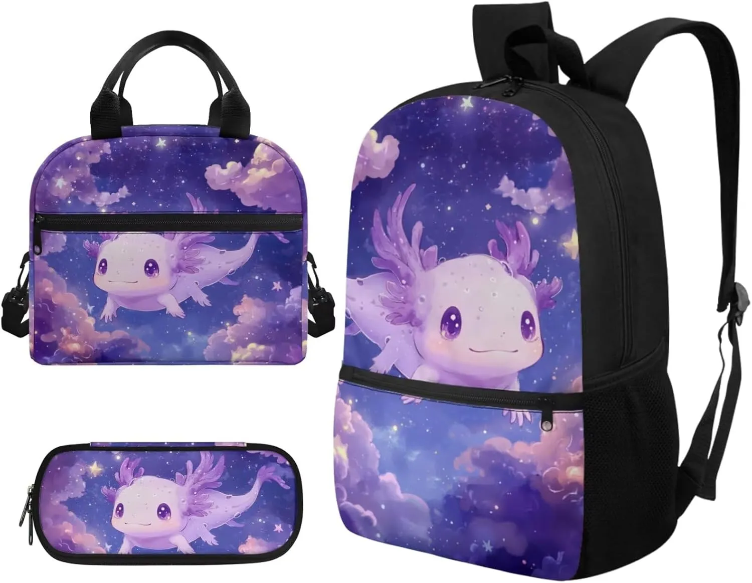Dolyues Axolotl Axolotl Backpack for Girls 3-Piece Backpack Set School Bag   Insulated Lunch Tote   Zippered Pencil Pouch, Ideal for Back to School