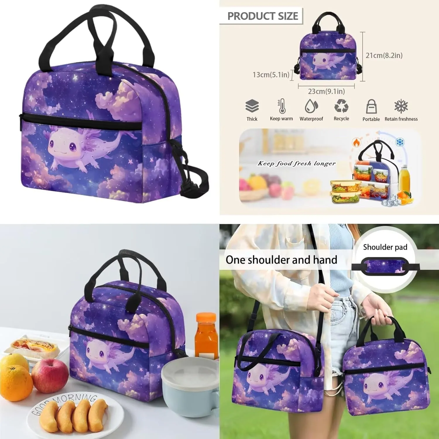 Dolyues Axolotl Backpack for Kids Set - 17-Inch Kids Backpack with Lunch Box, Insulated Food Bag & Pencil Pouch, Ideal for School, Playdates, and Family Trips