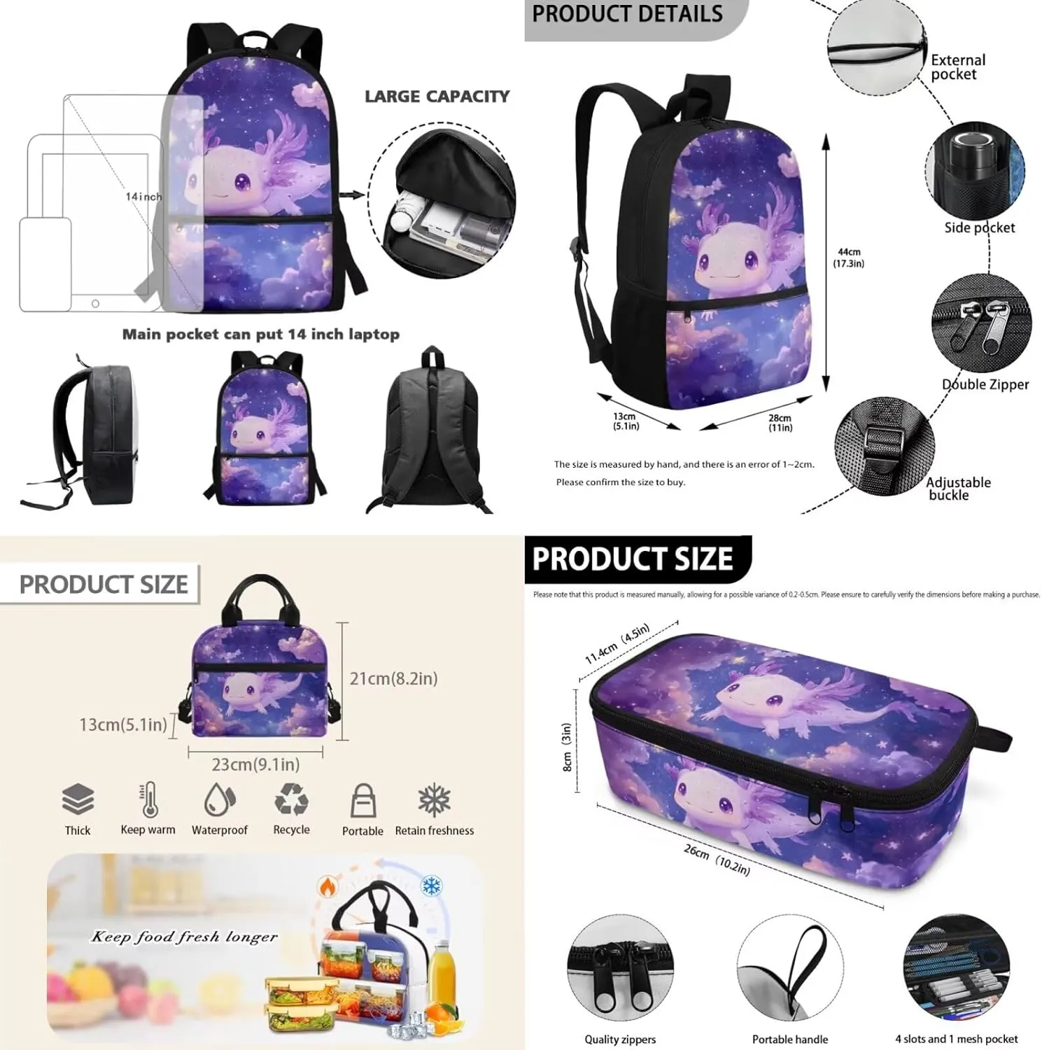 Dolyues Axolotl Backpack for Kids Set - 17-Inch Kids Backpack with Lunch Box, Insulated Food Bag & Pencil Pouch, Ideal for School, Playdates, and Family Trips