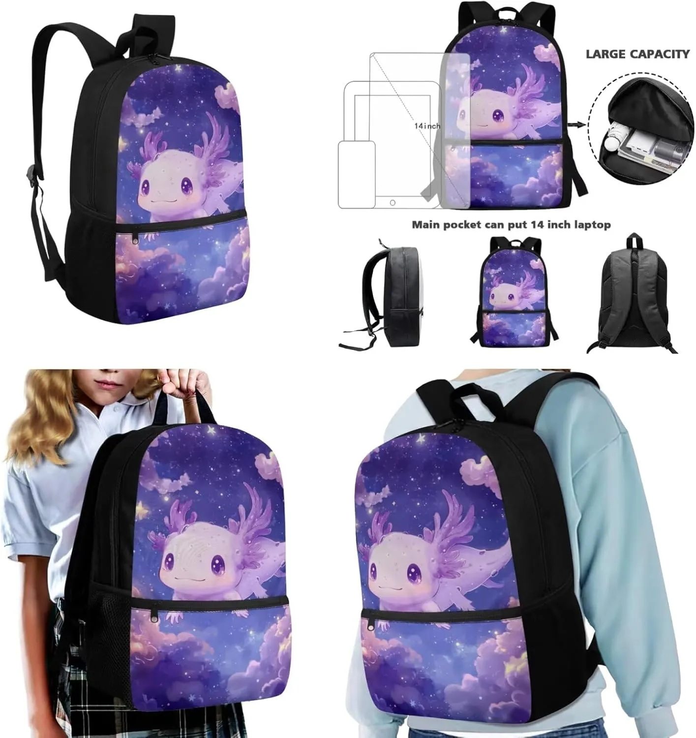 Dolyues Axolotl Backpack for Kids Set - 17-Inch Kids Backpack with Lunch Box, Insulated Food Bag & Pencil Pouch, Ideal for School, Playdates, and Family Trips
