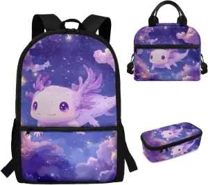 Dolyues Axolotl Backpack for Kids Set - 17-Inch Kids Backpack with Lunch Box, Insulated Food Bag & Pencil Pouch, Ideal for School, Playdates, and Family Trips