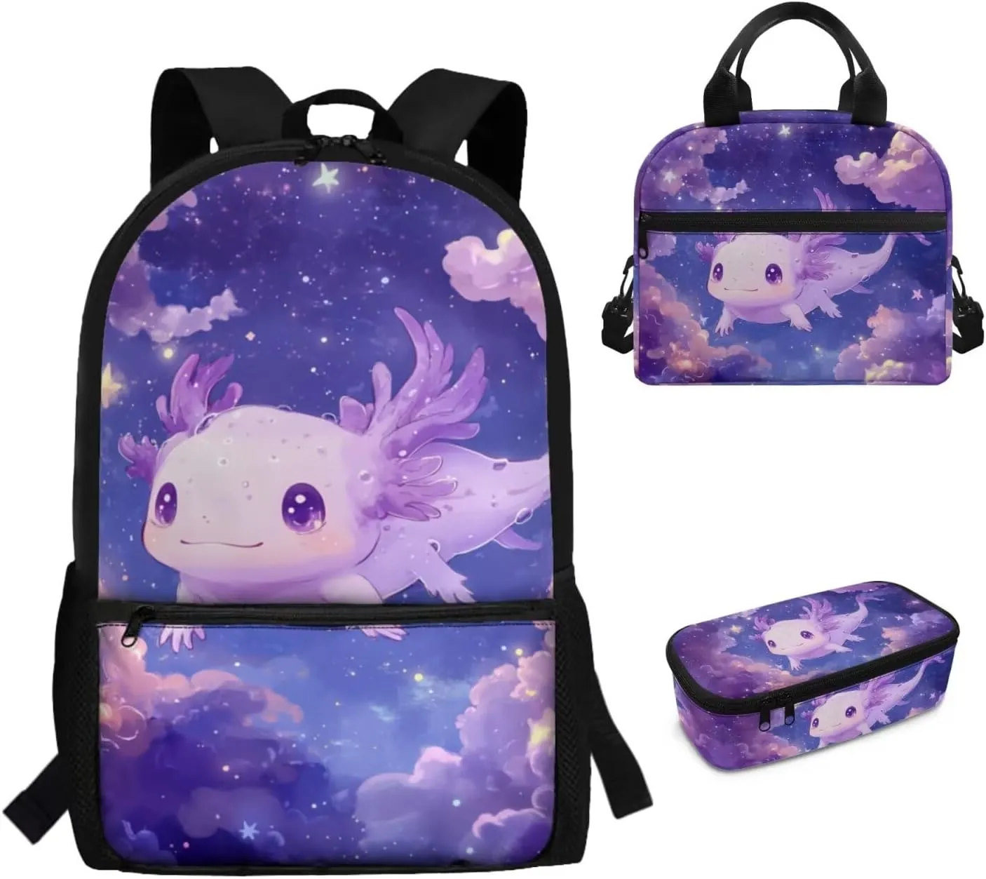 Dolyues Axolotl Backpack for Kids Set - 17-Inch Kids Backpack with Lunch Box, Insulated Food Bag & Pencil Pouch, Ideal for School, Playdates, and Family Trips