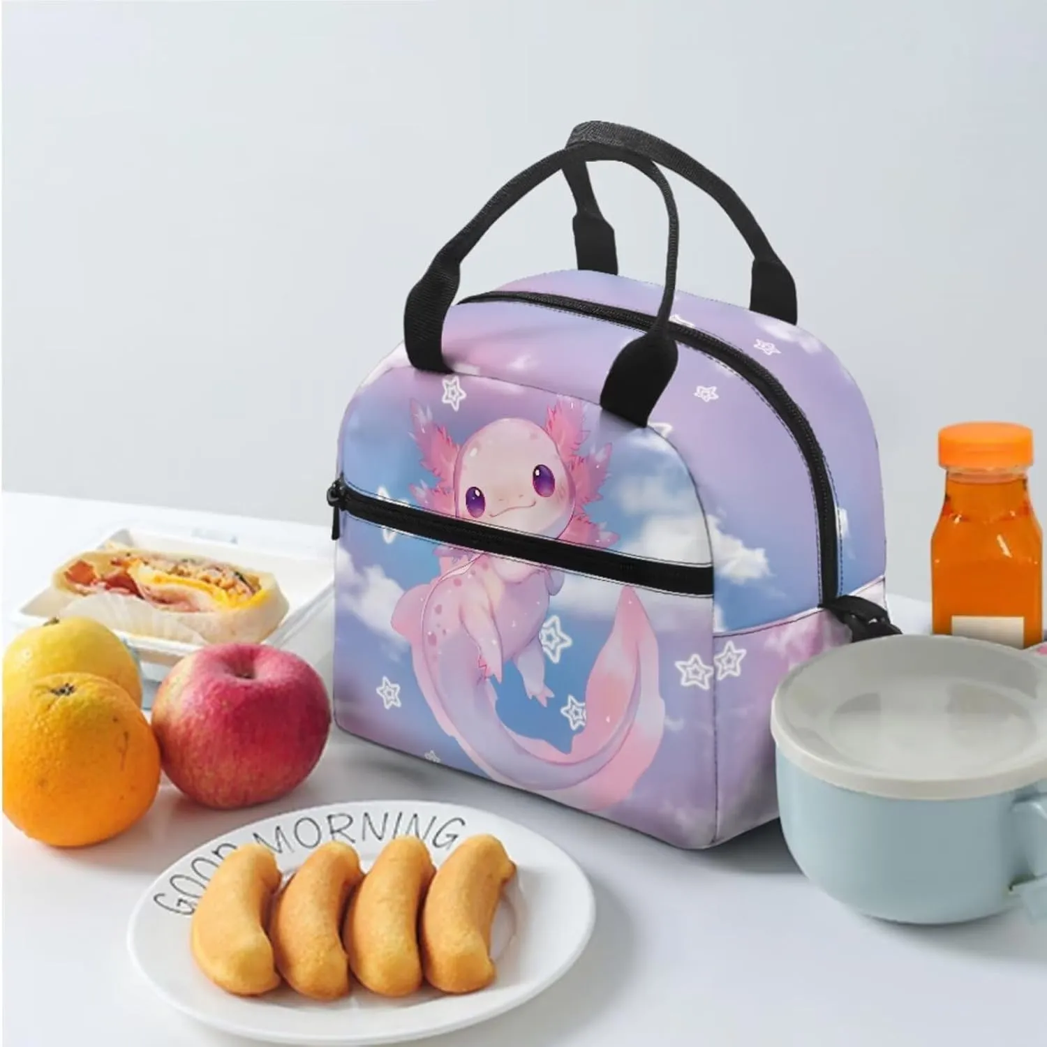 Dolyues Axolotl Pattern Kids Backpack with Lunch Box & Pen Case: Essential 17-inch School Bag Set for Girls, Ideal Backpack for Kids, Ergonomic Kindergarten Backpack for Girls
