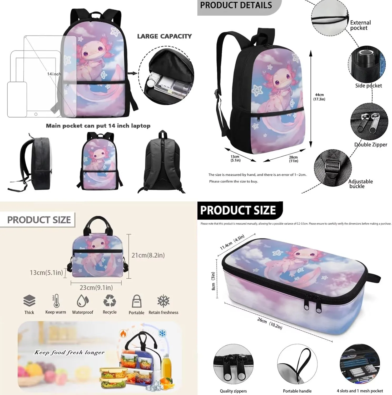 Dolyues Axolotl Pattern Kids Backpack with Lunch Box & Pen Case: Essential 17-inch School Bag Set for Girls, Ideal Backpack for Kids, Ergonomic Kindergarten Backpack for Girls