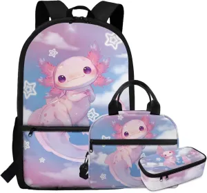 Dolyues Axolotl Pattern Kids Backpack with Lunch Box & Pen Case: Essential 17-inch School Bag Set for Girls, Ideal Backpack for Kids, Ergonomic Kindergarten Backpack for Girls