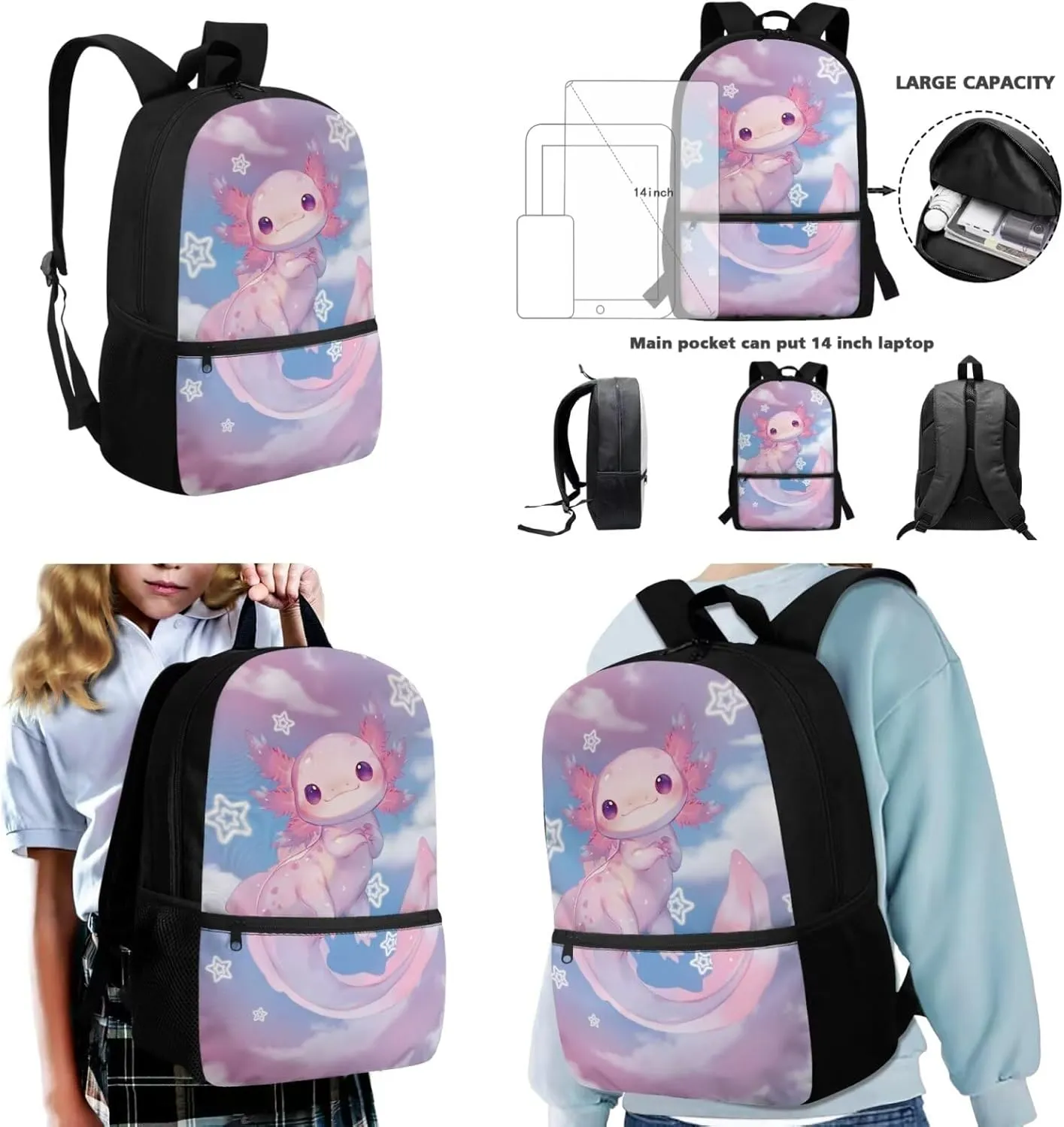 Dolyues Axolotl Pattern Kids Backpack with Lunch Box & Pen Case: Essential 17-inch School Bag Set for Girls, Ideal Backpack for Kids, Ergonomic Kindergarten Backpack for Girls