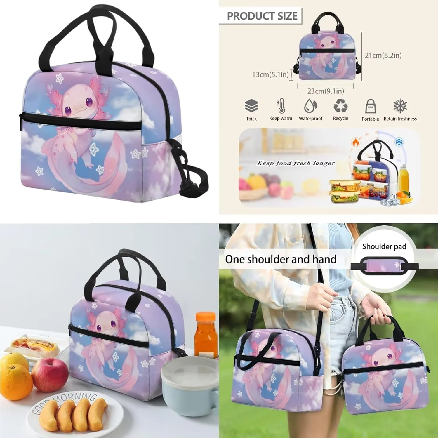 Dolyues Axolotl Pattern Kids Backpack with Lunch Box & Pen Case: Essential 17-inch School Bag Set for Girls, Ideal Backpack for Kids, Ergonomic Kindergarten Backpack for Girls