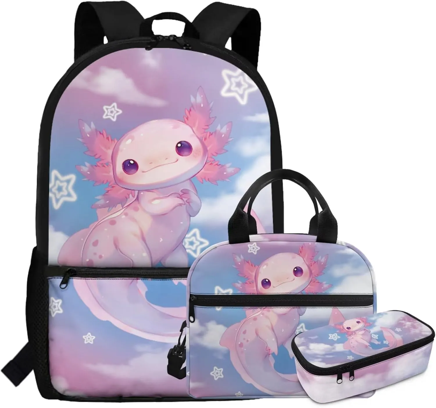 Dolyues Axolotl Pattern Kids Backpack with Lunch Box & Pen Case: Essential 17-inch School Bag Set for Girls, Ideal Backpack for Kids, Ergonomic Kindergarten Backpack for Girls