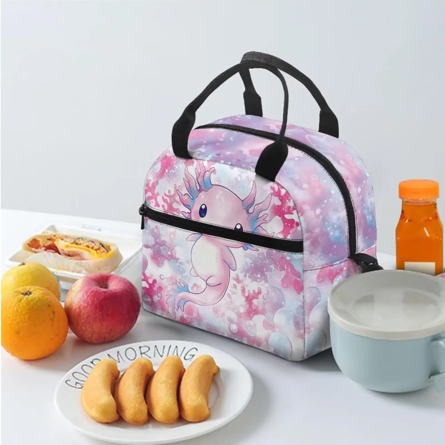 Dolyues Axolotl Print Girls Backpack with Lunch Box Set: Comprehensive 17-inch School Bag & Accessories, Backpack for Kids Ages 10-12, Stylish Kids Bookbag