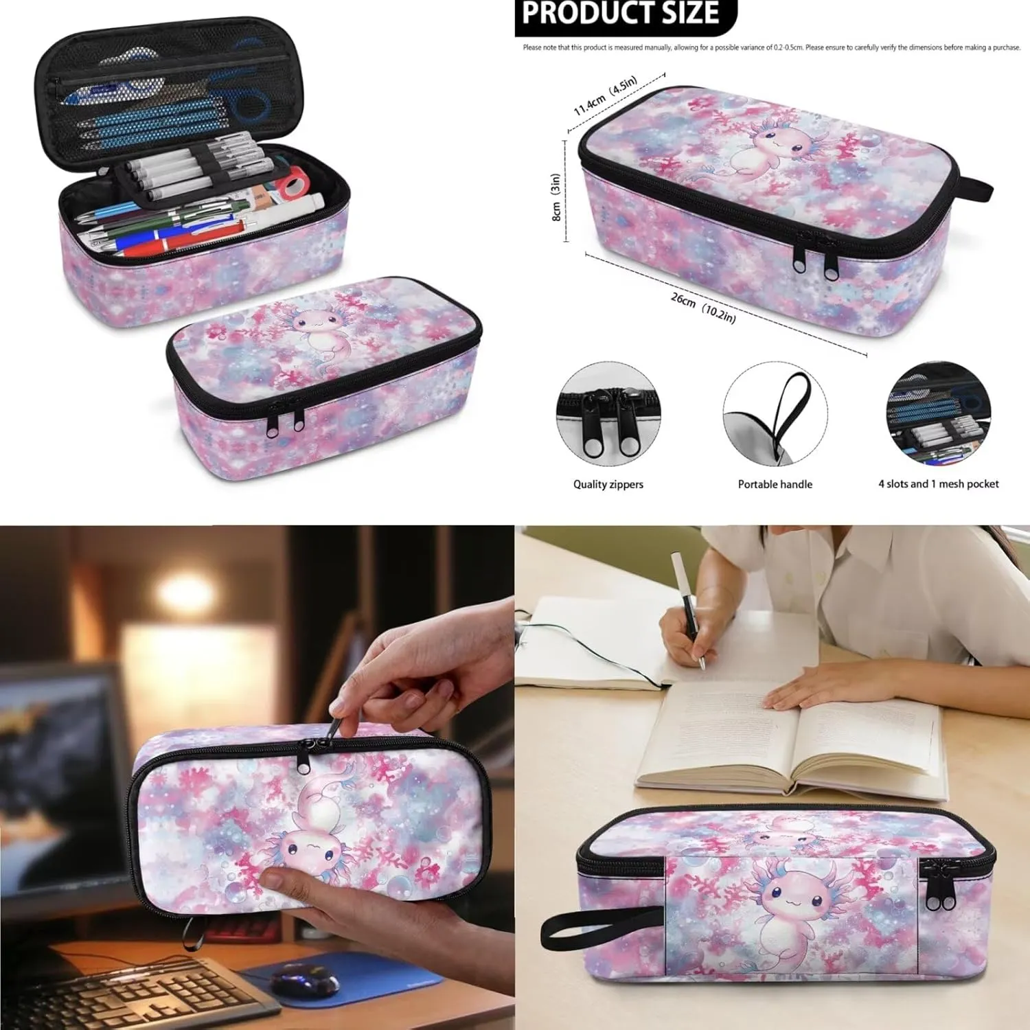 Dolyues Axolotl Print Girls Backpack with Lunch Box Set: Comprehensive 17-inch School Bag & Accessories, Backpack for Kids Ages 10-12, Stylish Kids Bookbag