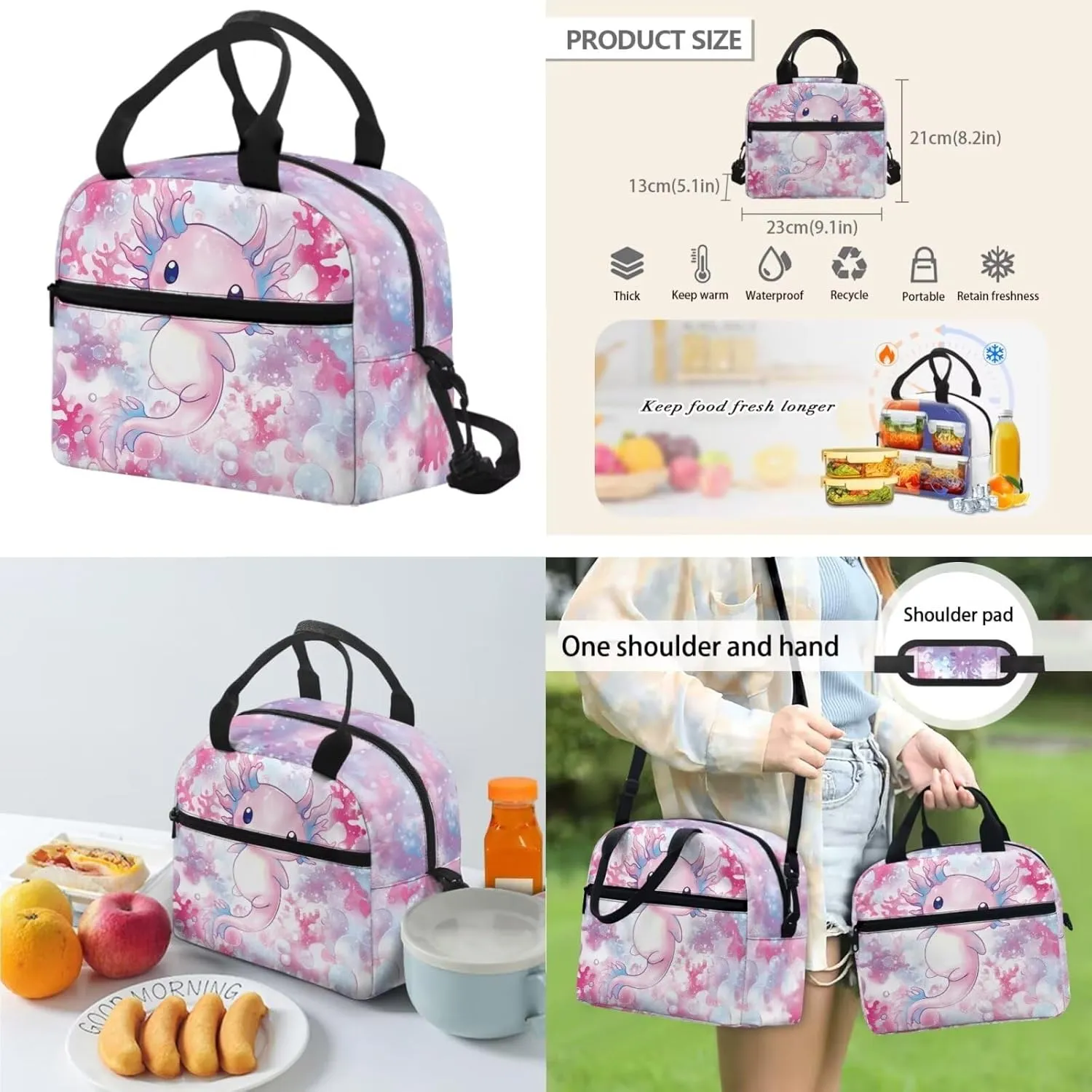 Dolyues Axolotl Print Girls Backpack with Lunch Box Set: Comprehensive 17-inch School Bag & Accessories, Backpack for Kids Ages 10-12, Stylish Kids Bookbag