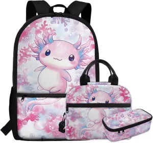 Dolyues Axolotl Print Girls Backpack with Lunch Box Set: Comprehensive 17-inch School Bag & Accessories, Backpack for Kids Ages 10-12, Stylish Kids Bookbag