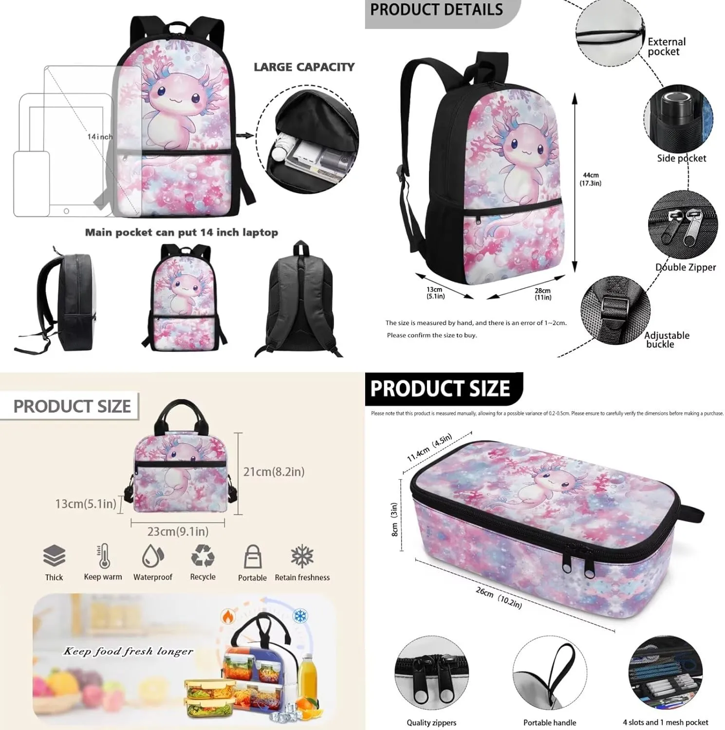 Dolyues Axolotl Print Girls Backpack with Lunch Box Set: Comprehensive 17-inch School Bag & Accessories, Backpack for Kids Ages 10-12, Stylish Kids Bookbag