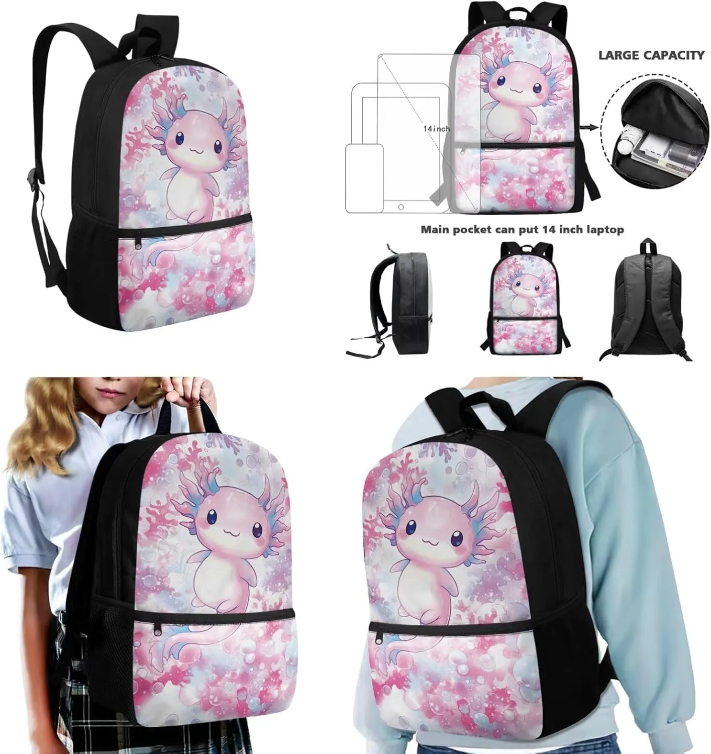 Dolyues Axolotl Print Girls Backpack with Lunch Box Set: Comprehensive 17-inch School Bag & Accessories, Backpack for Kids Ages 10-12, Stylish Kids Bookbag