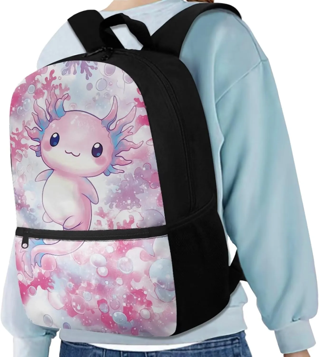 Dolyues Axolotl Print Girls Backpack with Lunch Box Set: Comprehensive 17-inch School Bag & Accessories, Backpack for Kids Ages 10-12, Stylish Kids Bookbag