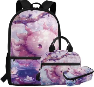Dolyues Axolotl School Backpack Combo  17 Inch 3-Piece Set with Hidden Parent Handle, Includes Insulated Lunch Bag   Luxury Polyester Pencil Case Semi-Circle Zipper Design