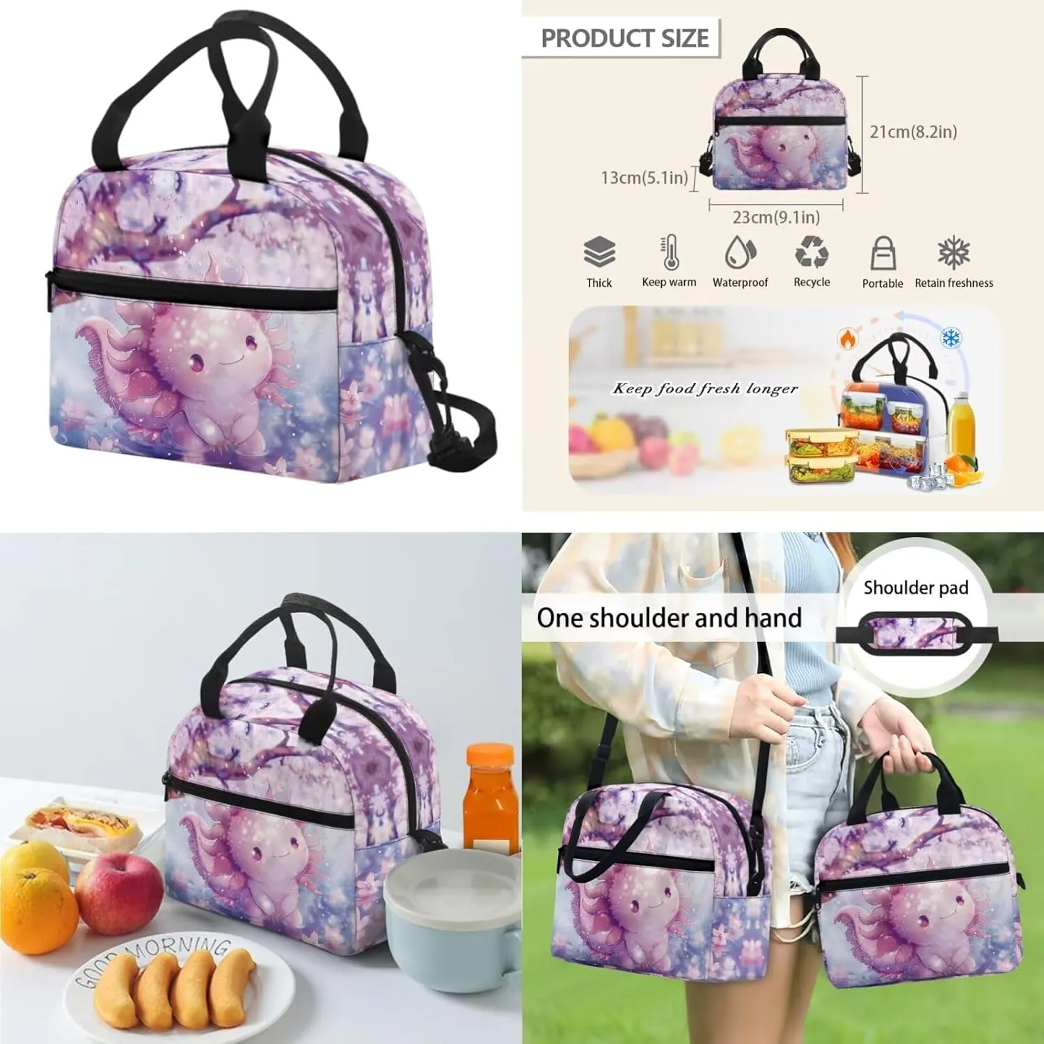 Dolyues Axolotl School Backpack Combo  17 Inch 3-Piece Set with Hidden Parent Handle, Includes Insulated Lunch Bag   Luxury Polyester Pencil Case Semi-Circle Zipper Design