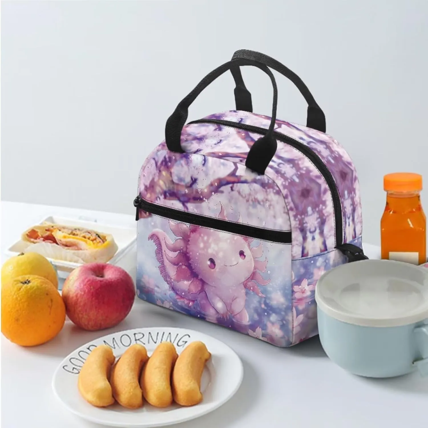 Dolyues Axolotl School Backpack Combo  17 Inch 3-Piece Set with Hidden Parent Handle, Includes Insulated Lunch Bag   Luxury Polyester Pencil Case Semi-Circle Zipper Design