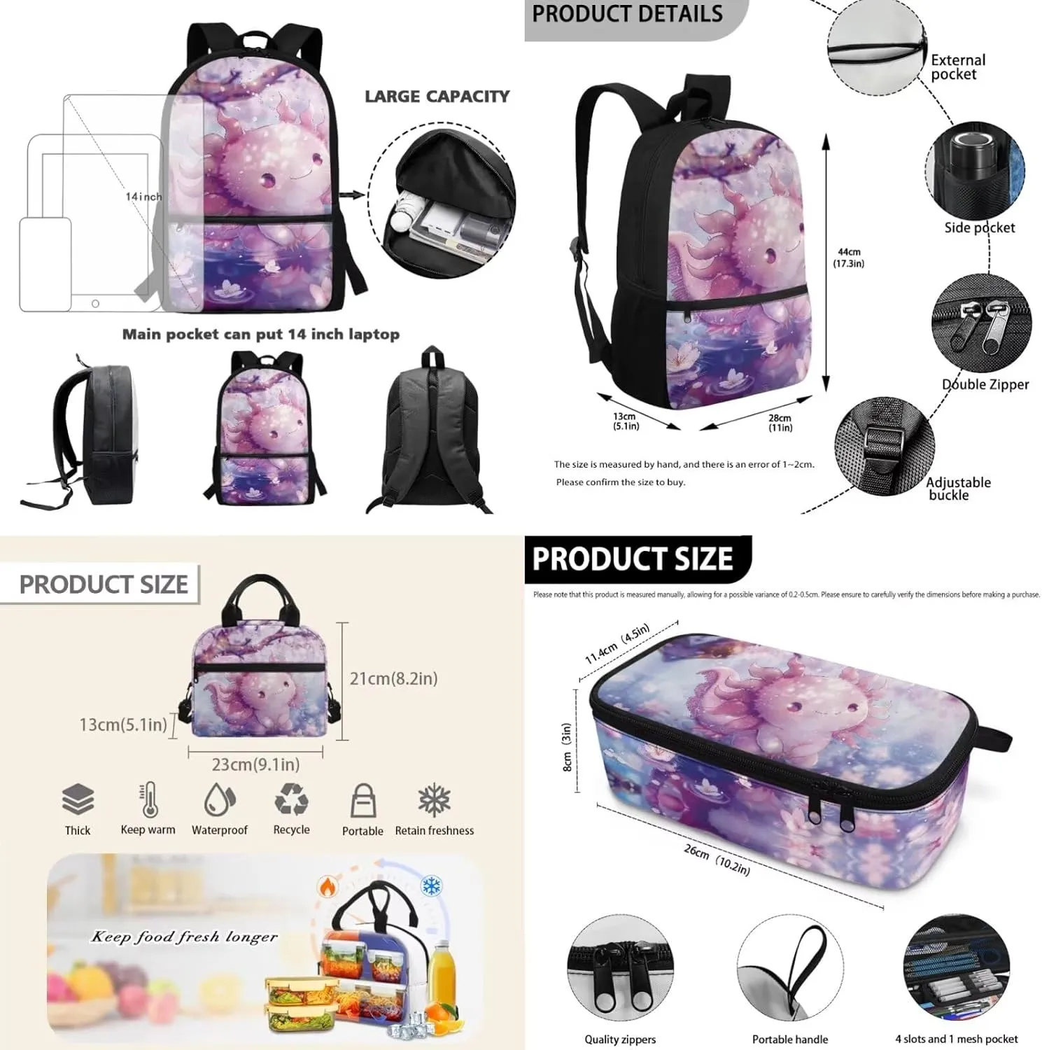 Dolyues Axolotl School Backpack Combo  17 Inch 3-Piece Set with Hidden Parent Handle, Includes Insulated Lunch Bag   Luxury Polyester Pencil Case Semi-Circle Zipper Design