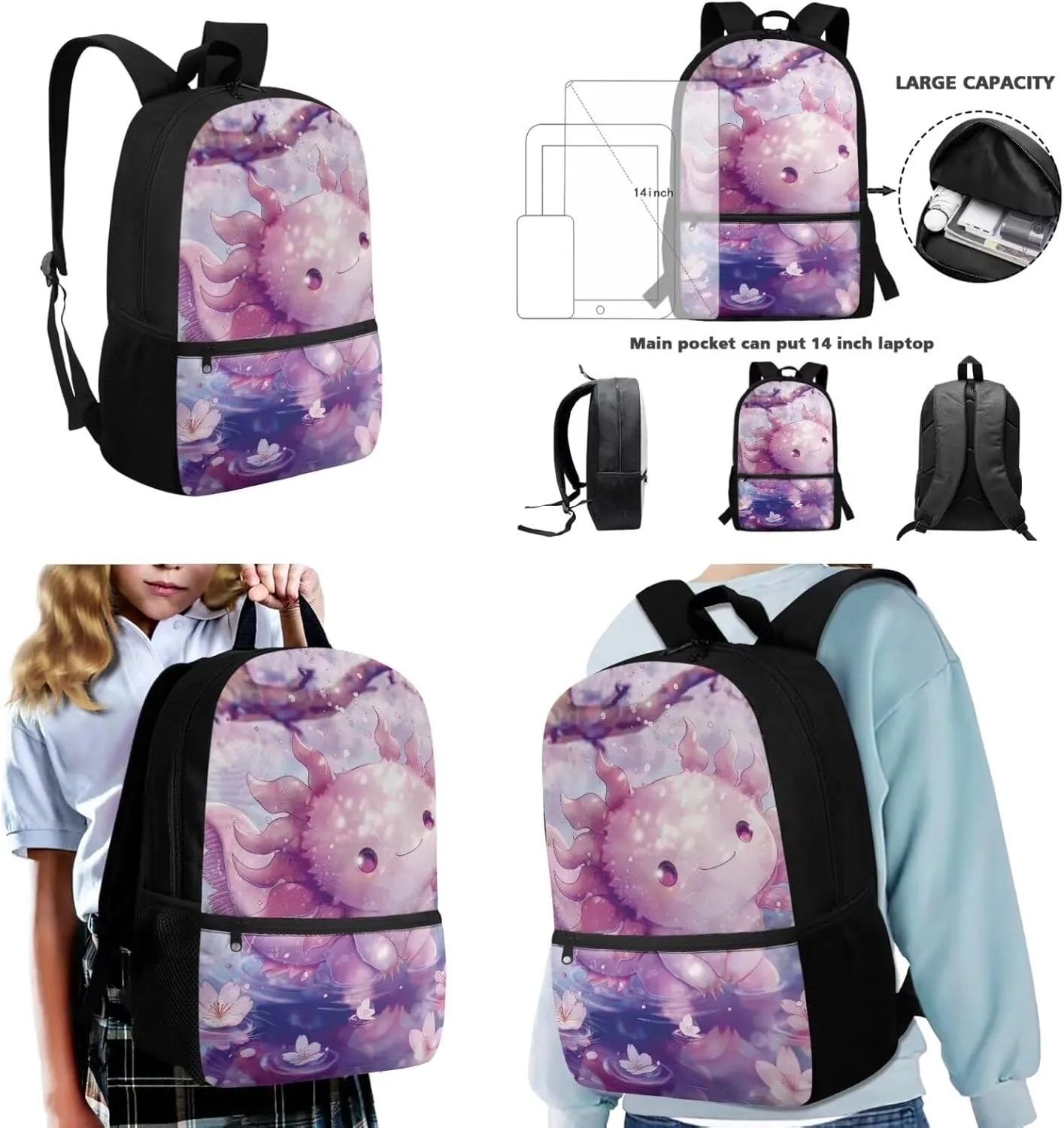 Dolyues Axolotl School Backpack Combo  17 Inch 3-Piece Set with Hidden Parent Handle, Includes Insulated Lunch Bag   Luxury Polyester Pencil Case Semi-Circle Zipper Design