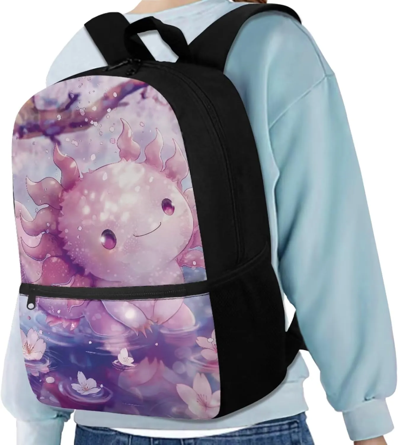 Dolyues Axolotl School Backpack Combo  17 Inch 3-Piece Set with Hidden Parent Handle, Includes Insulated Lunch Bag   Luxury Polyester Pencil Case Semi-Circle Zipper Design