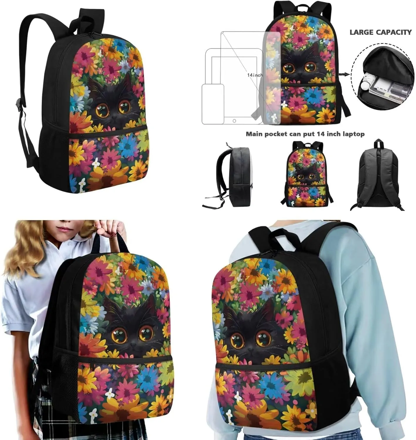 Dolyues Black Cat Girls Backpack Set - 17-Inch School Bag with Insulated Lunch Box & Pen Pouch, Perfect for Girls Ages 10-12, Ideal Kindergarten Backpack