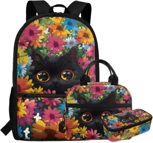 Dolyues Black Cat Girls Backpack Set - 17-Inch School Bag with Insulated Lunch Box & Pen Pouch, Perfect for Girls Ages 10-12, Ideal Kindergarten Backpack