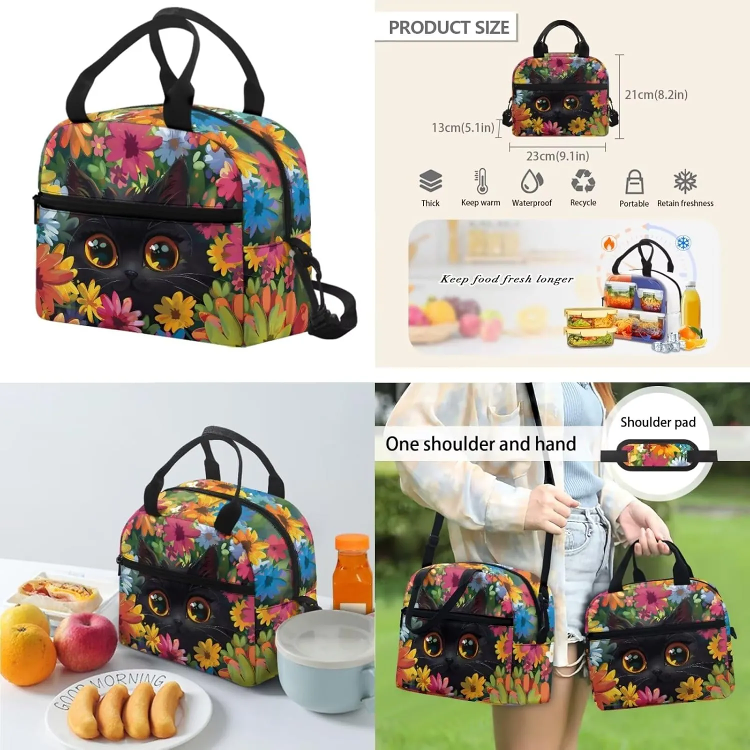 Dolyues Black Cat Girls Backpack Set - 17-Inch School Bag with Insulated Lunch Box & Pen Pouch, Perfect for Girls Ages 10-12, Ideal Kindergarten Backpack