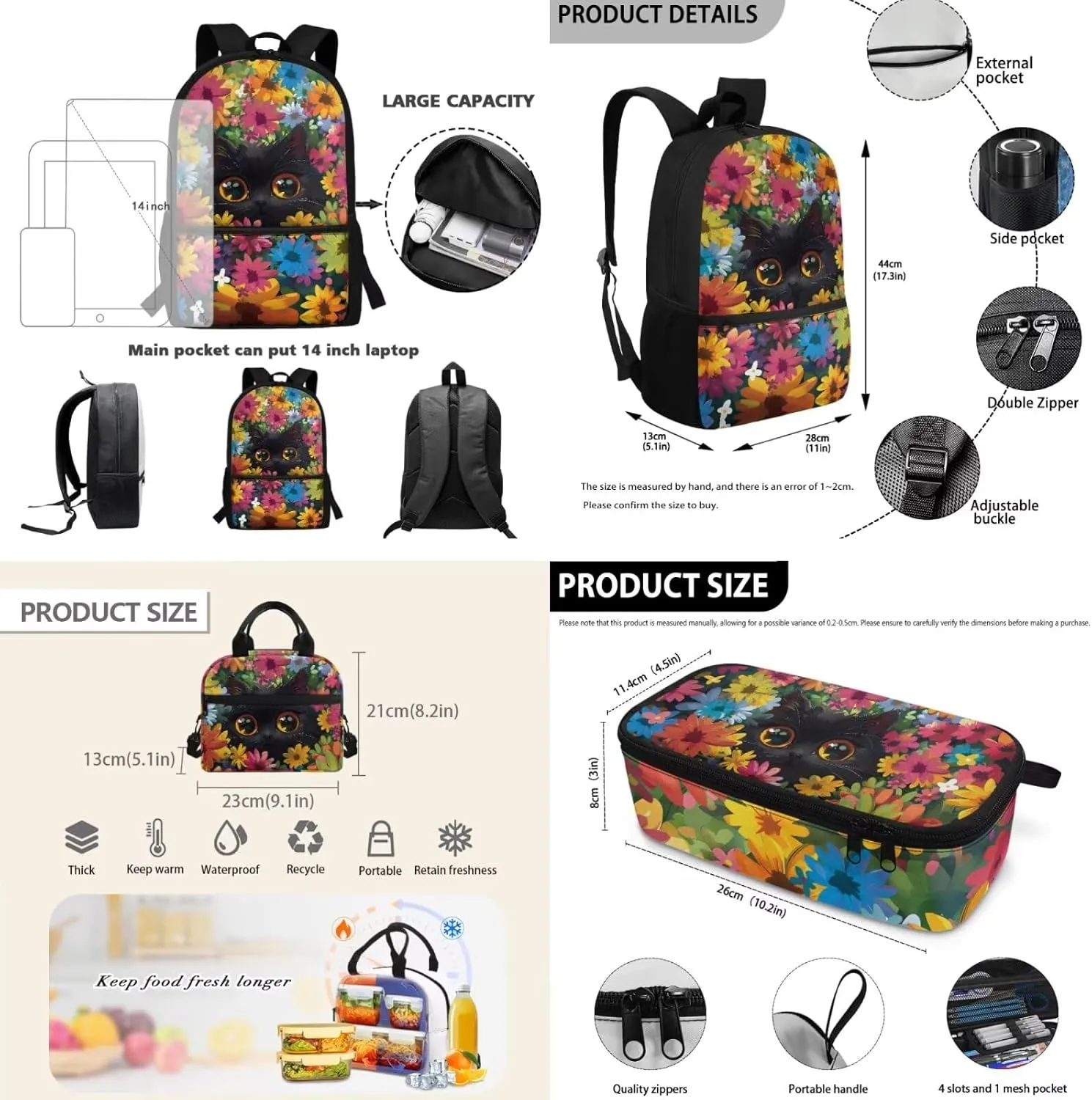 Dolyues Black Cat Girls Backpack Set - 17-Inch School Bag with Insulated Lunch Box & Pen Pouch, Perfect for Girls Ages 10-12, Ideal Kindergarten Backpack