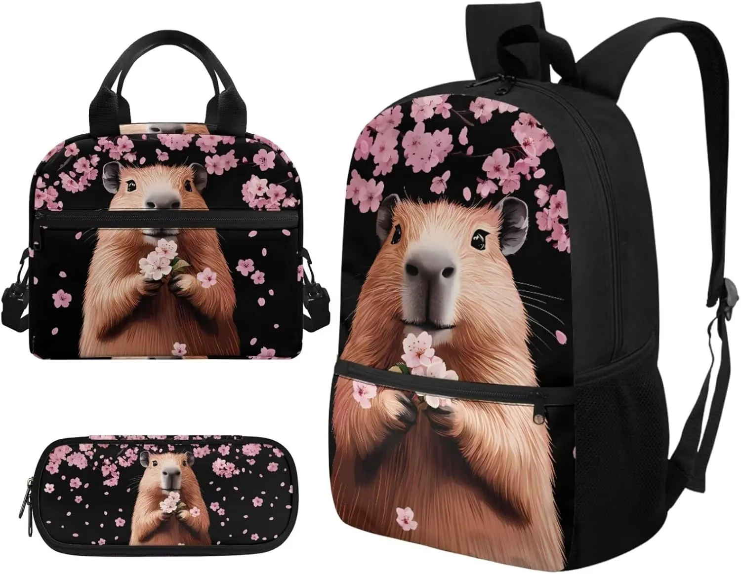 Dolyues Capybara Teen Girls Backpack Set 3pcs Middle School Backpack for Girls 14-16 Cute Girls Bookbag with Lunch Box Pencil Case Back to School Gifts