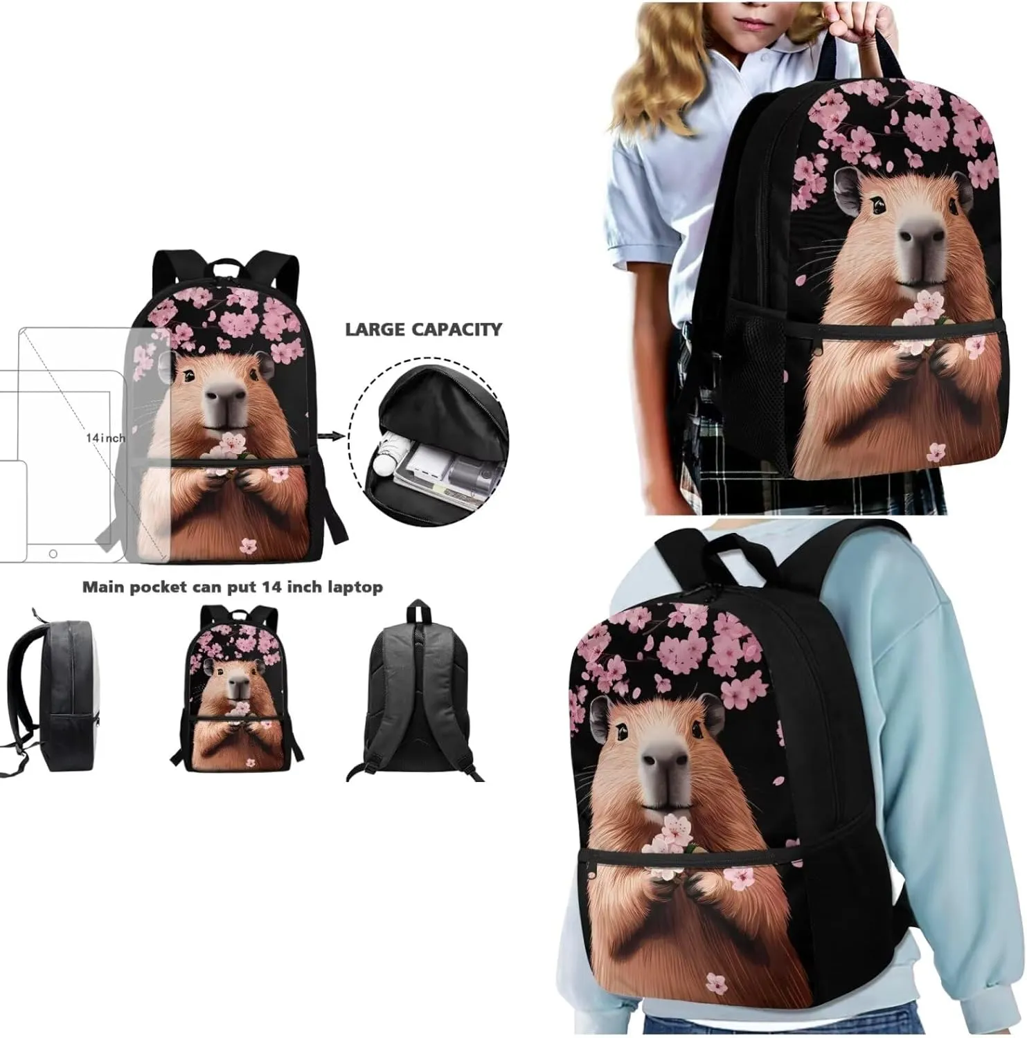 Dolyues Capybara Teen Girls Backpack Set 3pcs Middle School Backpack for Girls 14-16 Cute Girls Bookbag with Lunch Box Pencil Case Back to School Gifts