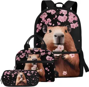 Dolyues Capybara Teen Girls Backpack Set 3pcs Middle School Backpack for Girls 14-16 Cute Girls Bookbag with Lunch Box Pencil Case Back to School Gifts