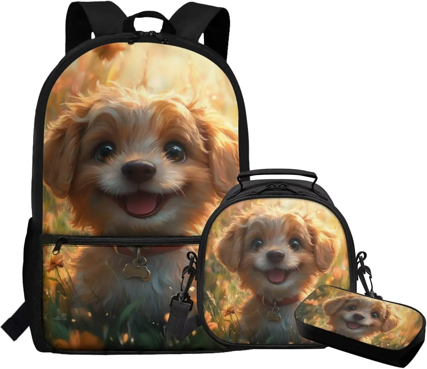Dolyues Cute Puppy Backpack Set for Elementary Students  3-Piece Bundle with Adjustable Shoulder Straps, Hidden Parent Handle & Front Zipper Pocket, Includes Lunch Bag   Pencil Case