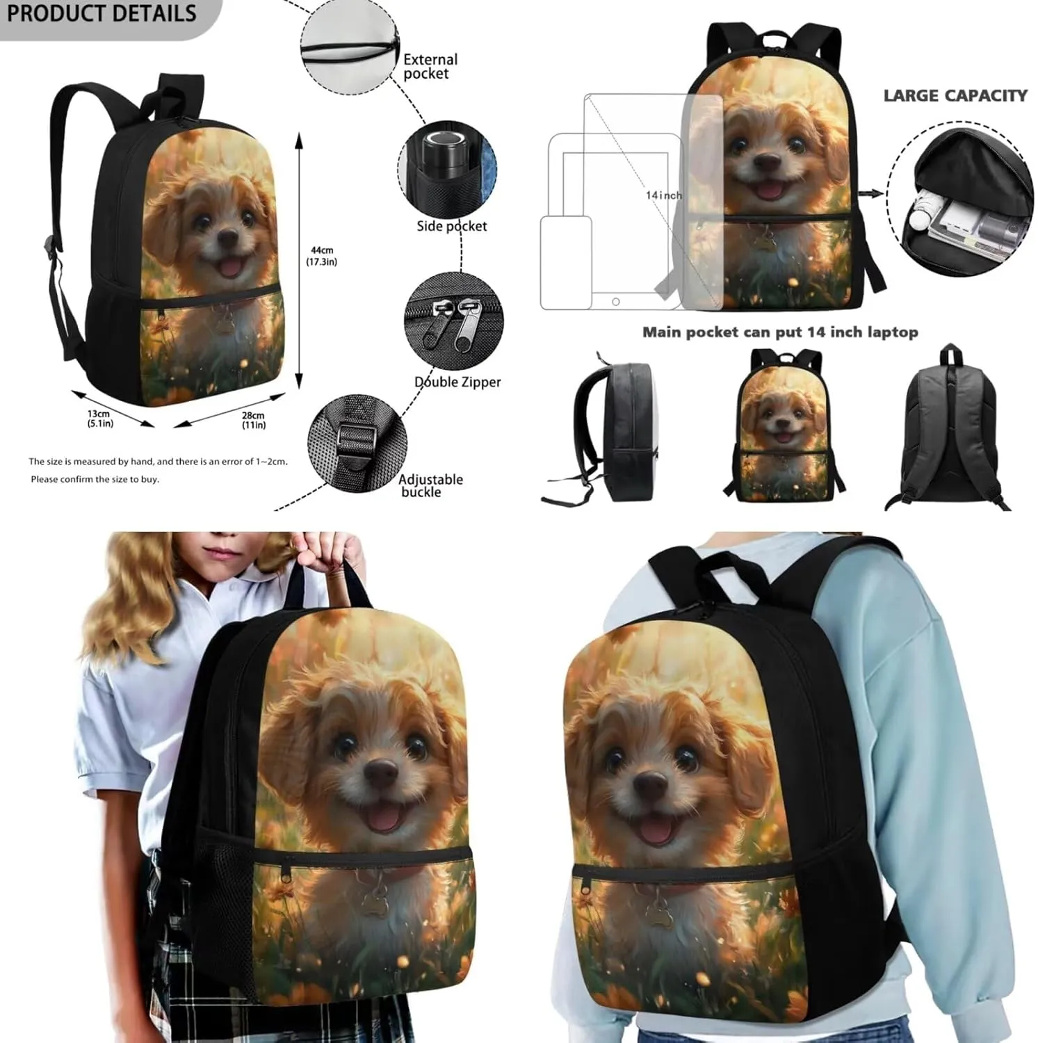 Dolyues Cute Puppy Backpack Set for Elementary Students  3-Piece Bundle with Adjustable Shoulder Straps, Hidden Parent Handle & Front Zipper Pocket, Includes Lunch Bag   Pencil Case
