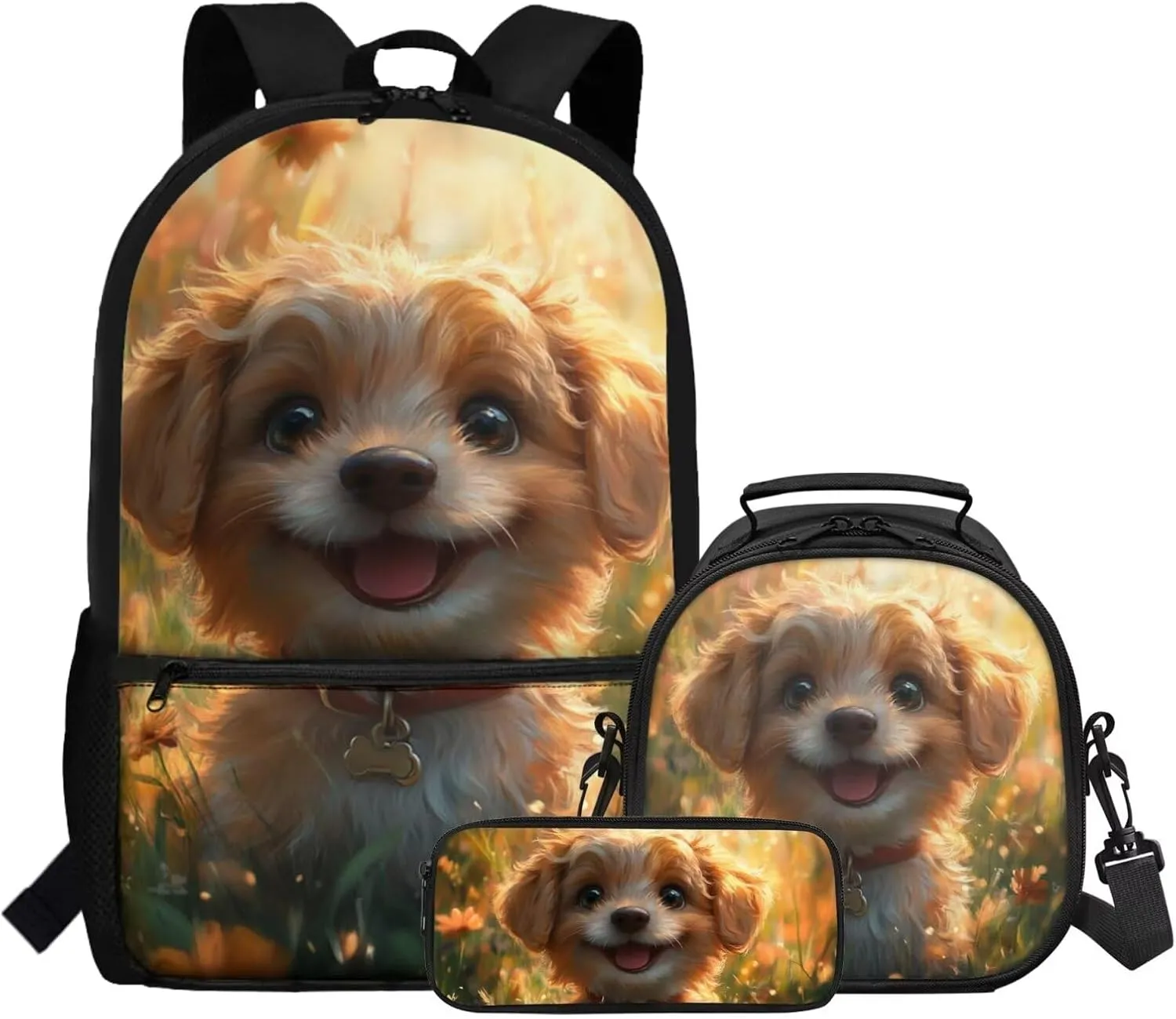Dolyues Cute Puppy Backpack Set for Elementary Students  3-Piece Bundle with Adjustable Shoulder Straps, Hidden Parent Handle & Front Zipper Pocket, Includes Lunch Bag   Pencil Case