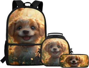 Dolyues Cute Puppy Backpack Set for Elementary Students  3-Piece Bundle with Adjustable Shoulder Straps, Hidden Parent Handle & Front Zipper Pocket, Includes Lunch Bag   Pencil Case