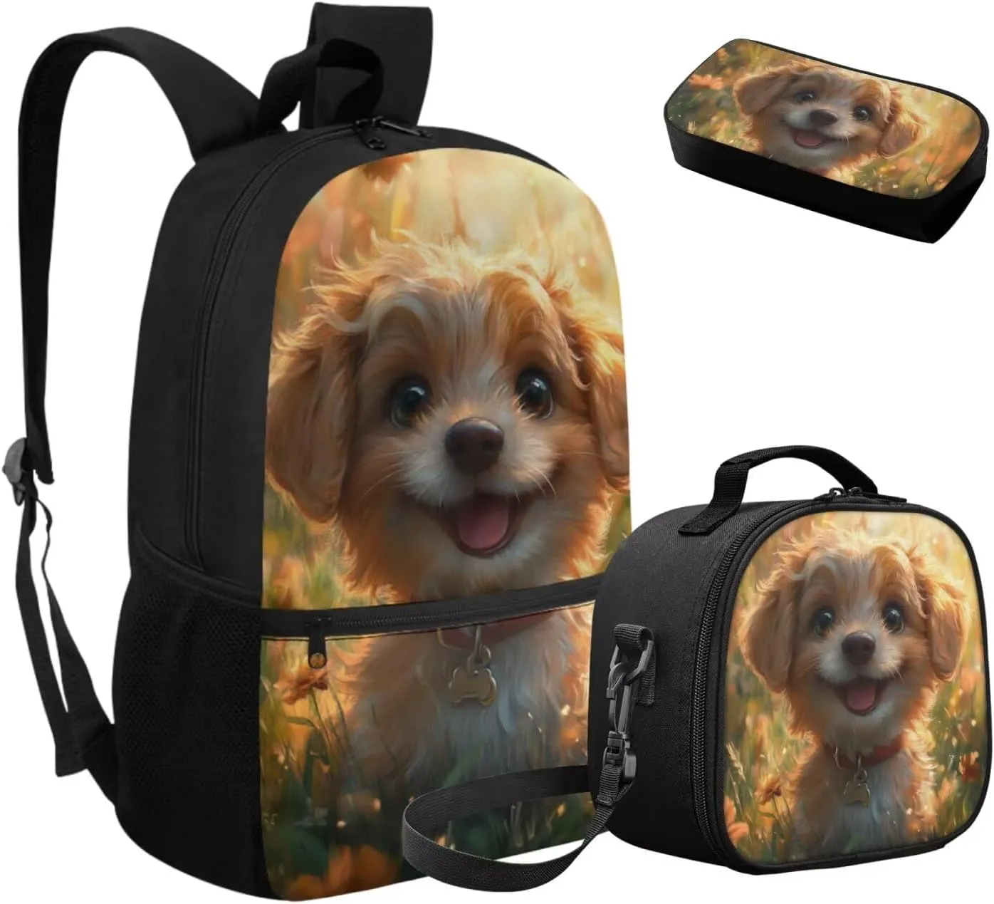 Dolyues Cute Puppy Backpack Set for Elementary Students  3-Piece Bundle with Adjustable Shoulder Straps, Hidden Parent Handle & Front Zipper Pocket, Includes Lunch Bag   Pencil Case