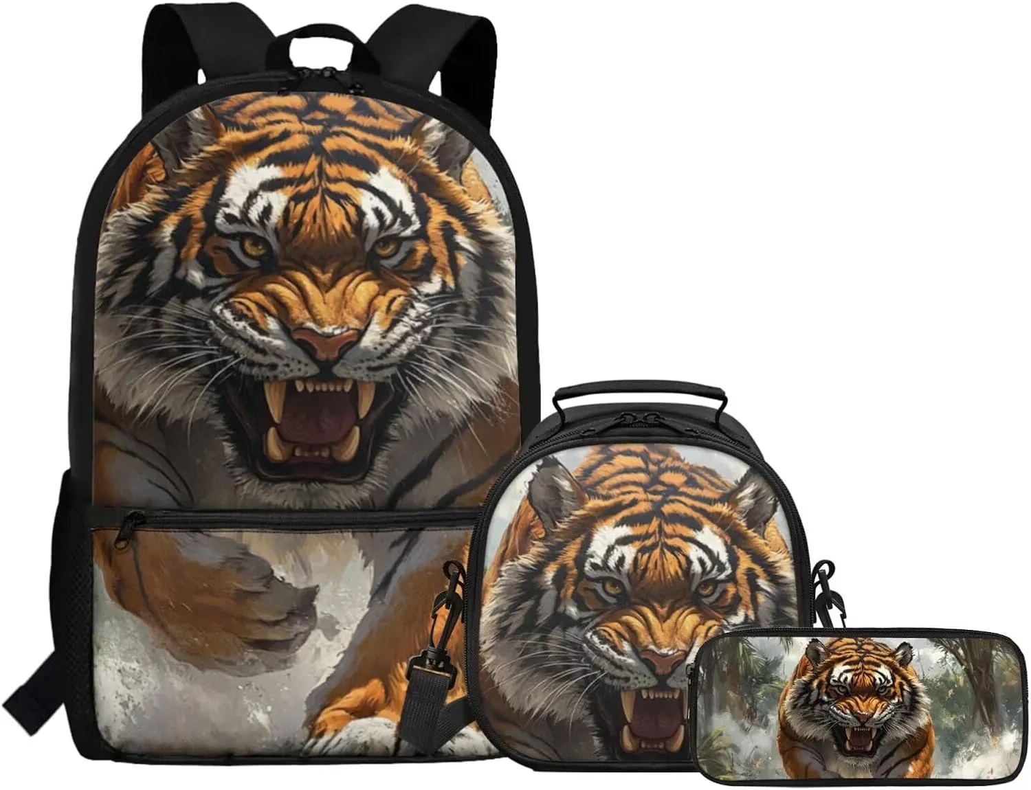 Dolyues Tiger Backpack Bundle  Complete 3-Piece Set with Adjustable Bookbag, Insulated Lunch Tote & Zippered Pencil Pouch, Perfect for School, Travel, Day Trips