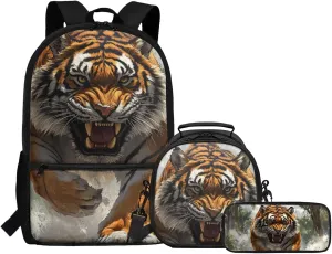 Dolyues Tiger Backpack Bundle  Complete 3-Piece Set with Adjustable Bookbag, Insulated Lunch Tote & Zippered Pencil Pouch, Perfect for School, Travel, Day Trips
