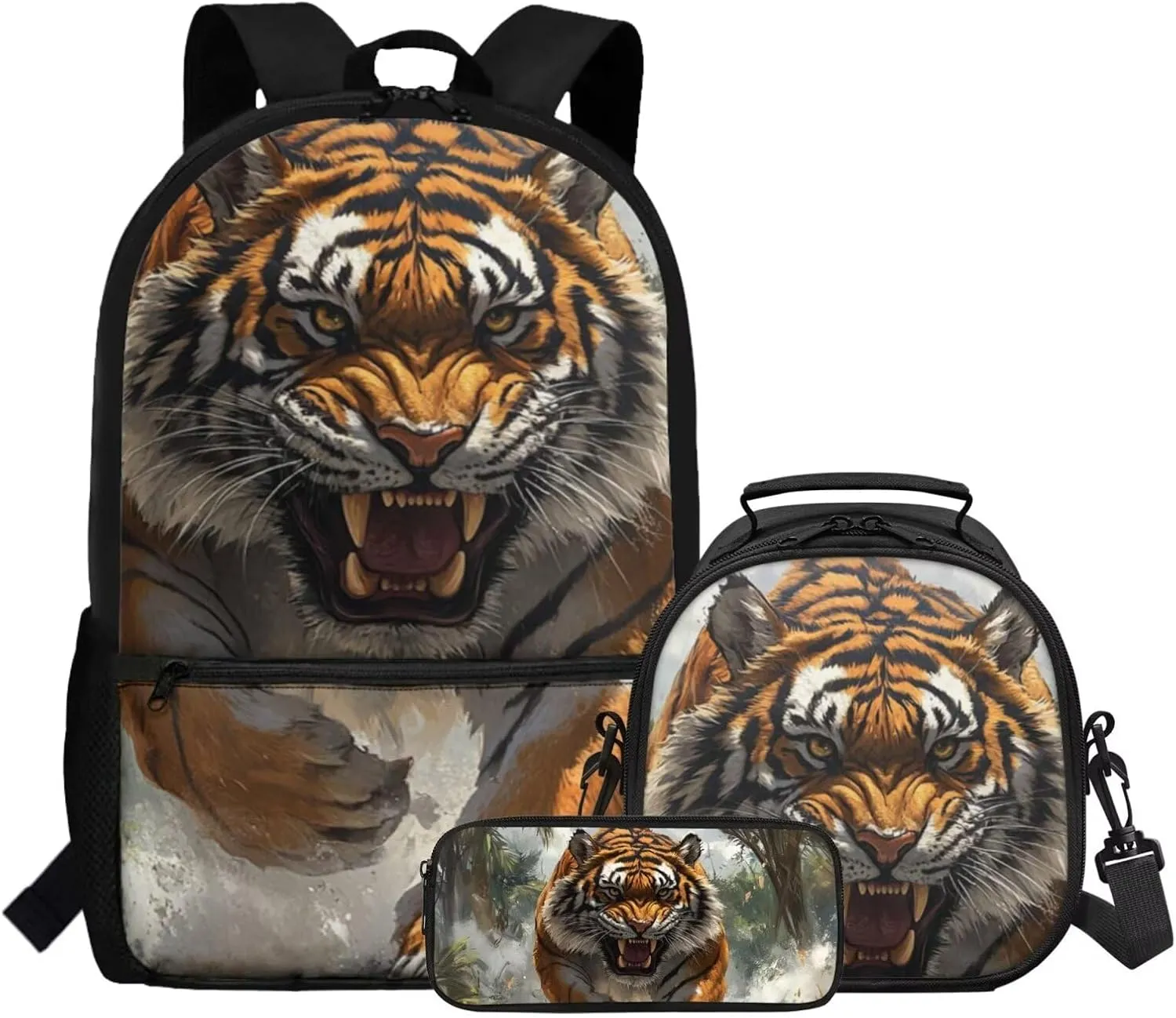 Dolyues Tiger Backpack Bundle  Complete 3-Piece Set with Adjustable Bookbag, Insulated Lunch Tote & Zippered Pencil Pouch, Perfect for School, Travel, Day Trips
