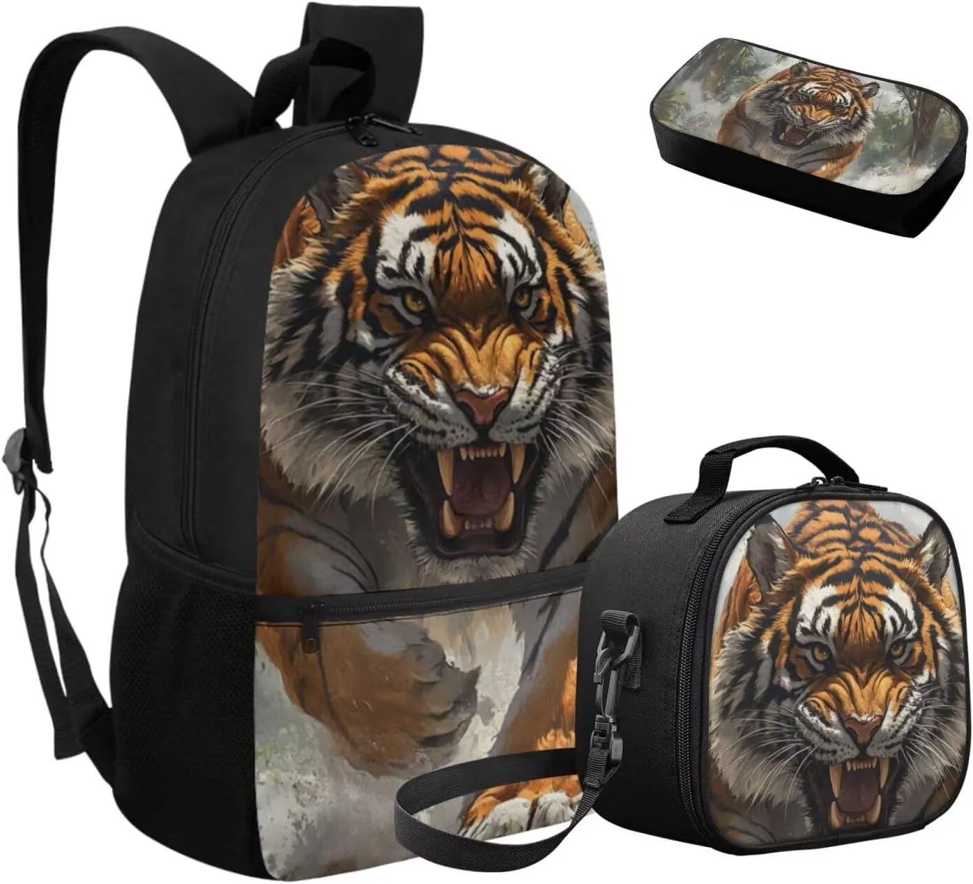Dolyues Tiger Backpack Bundle  Complete 3-Piece Set with Adjustable Bookbag, Insulated Lunch Tote & Zippered Pencil Pouch, Perfect for School, Travel, Day Trips