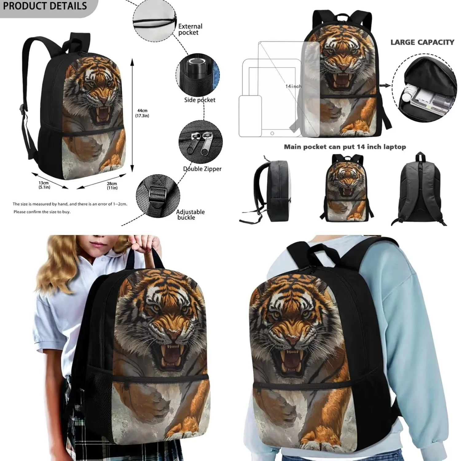 Dolyues Tiger Backpack Bundle  Complete 3-Piece Set with Adjustable Bookbag, Insulated Lunch Tote & Zippered Pencil Pouch, Perfect for School, Travel, Day Trips