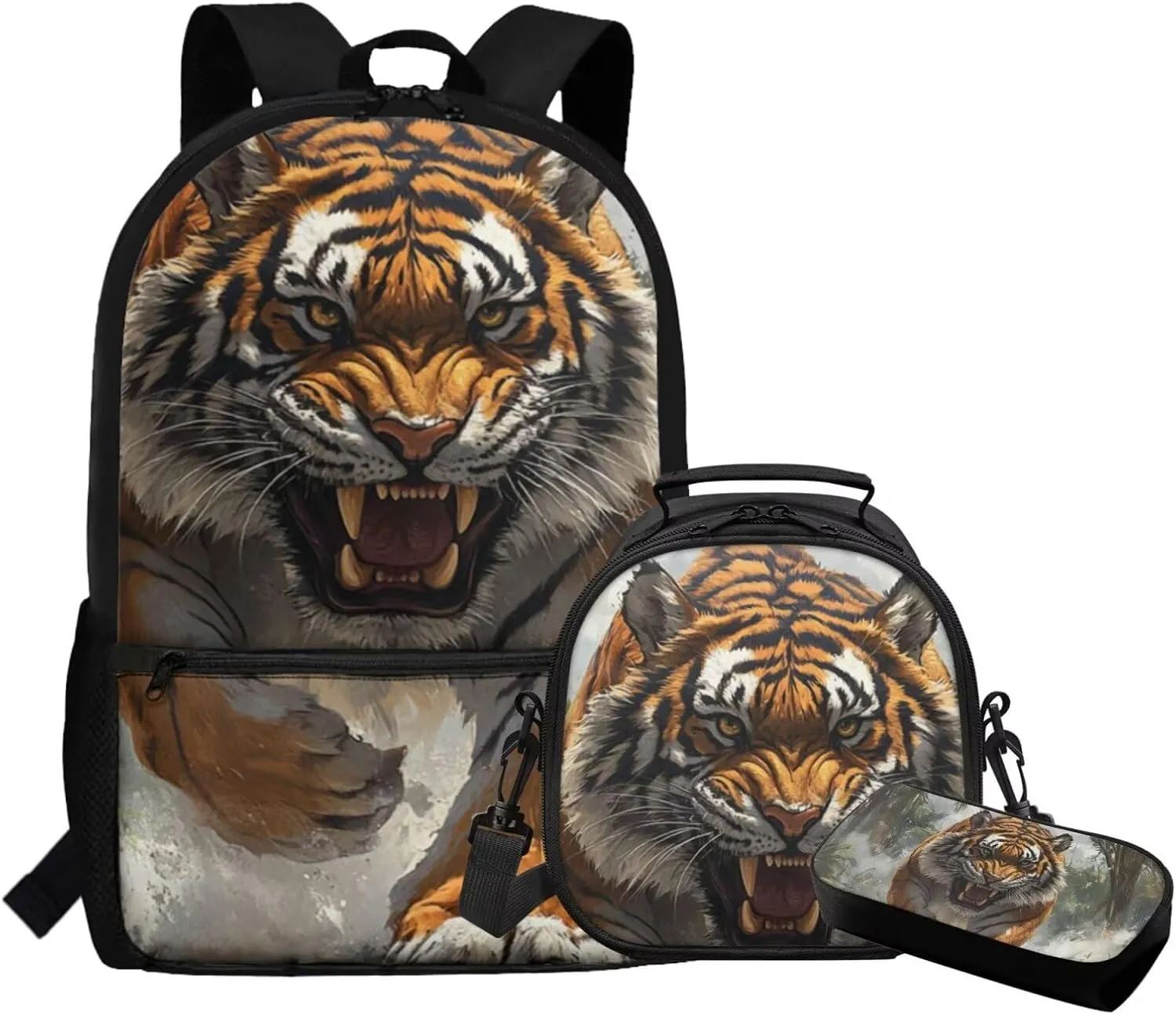 Dolyues Tiger Backpack Bundle  Complete 3-Piece Set with Adjustable Bookbag, Insulated Lunch Tote & Zippered Pencil Pouch, Perfect for School, Travel, Day Trips