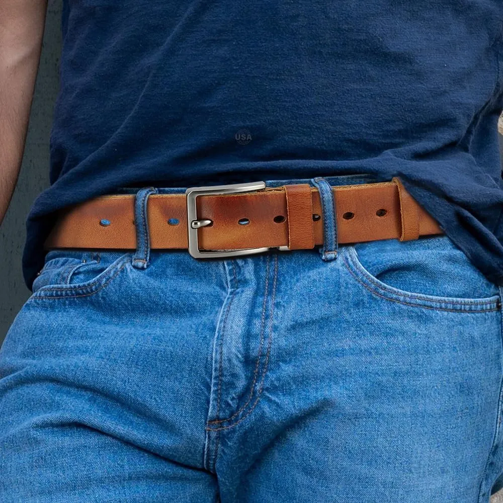 DOOPAI Men's Genuine Leather Casual Belt -Full Grain Leather Belt for Men- 1.5" Handmade Jeans Belt with Gift Box